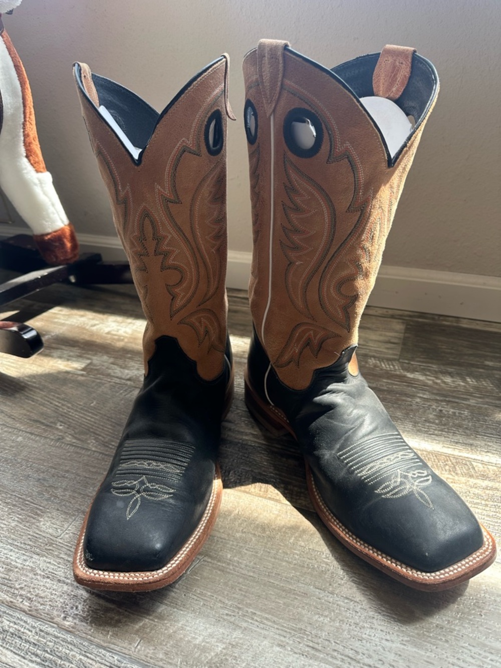 Justin Boots Two-Tone Black Foot with Tan Shaft Western Cowboy Boots